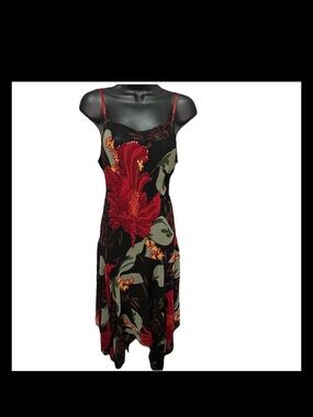 SOLD  Floral Beaded Dress Red Black Asym Hem Slip Y2K 90s Tiered Handkerchief